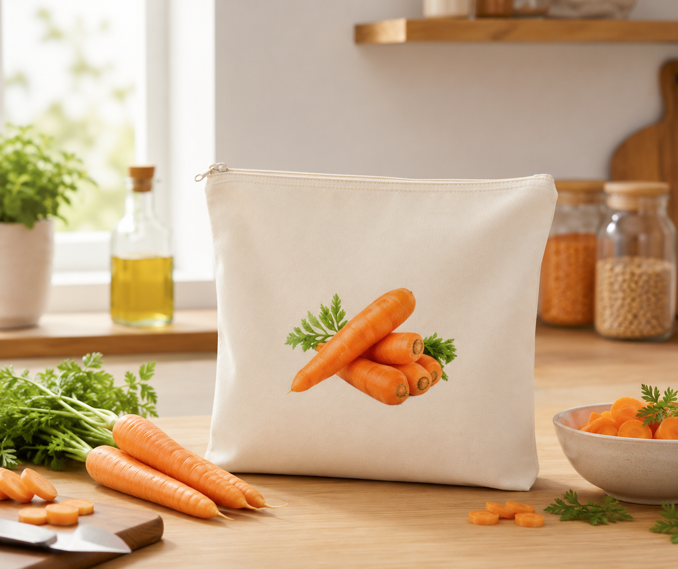 A cream-colored zippered pouch featuring a graphic print of three orange carrots with green tops, displayed on a wooden kitchen counter surrounded by fresh carrots, parsley, and jars.