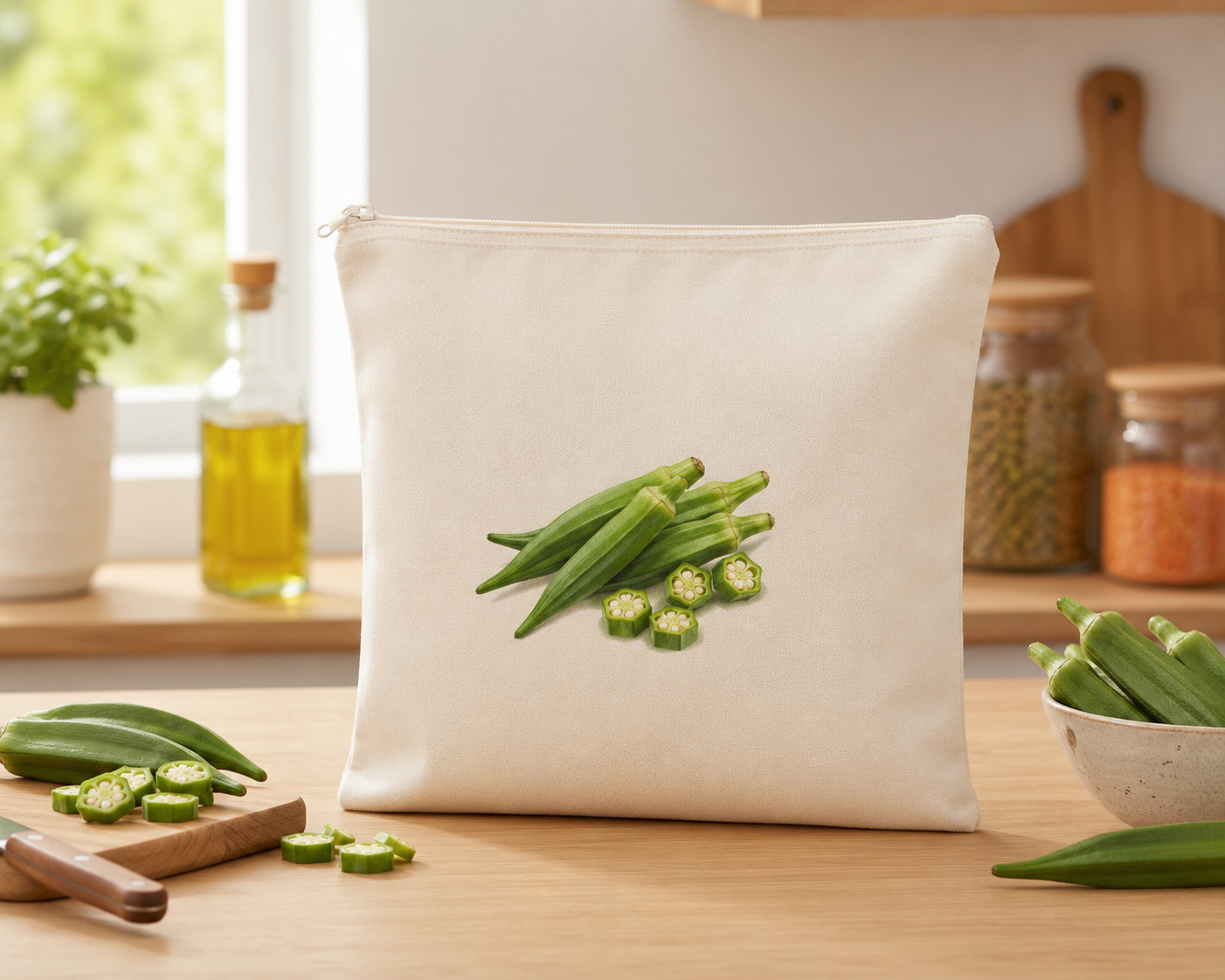 A cream canvas pouch with a printed graphic of green okra pods and slices, standing on a wooden kitchen counter surrounded by real kitchen props like a bowl of okra, a bottle of oil, and jars.