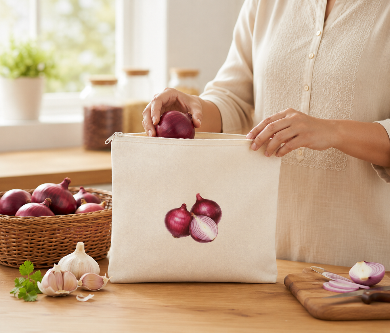 Vegetable Print Cotton Storage Pouch Set of 12 | Kitchen Organiser Bags