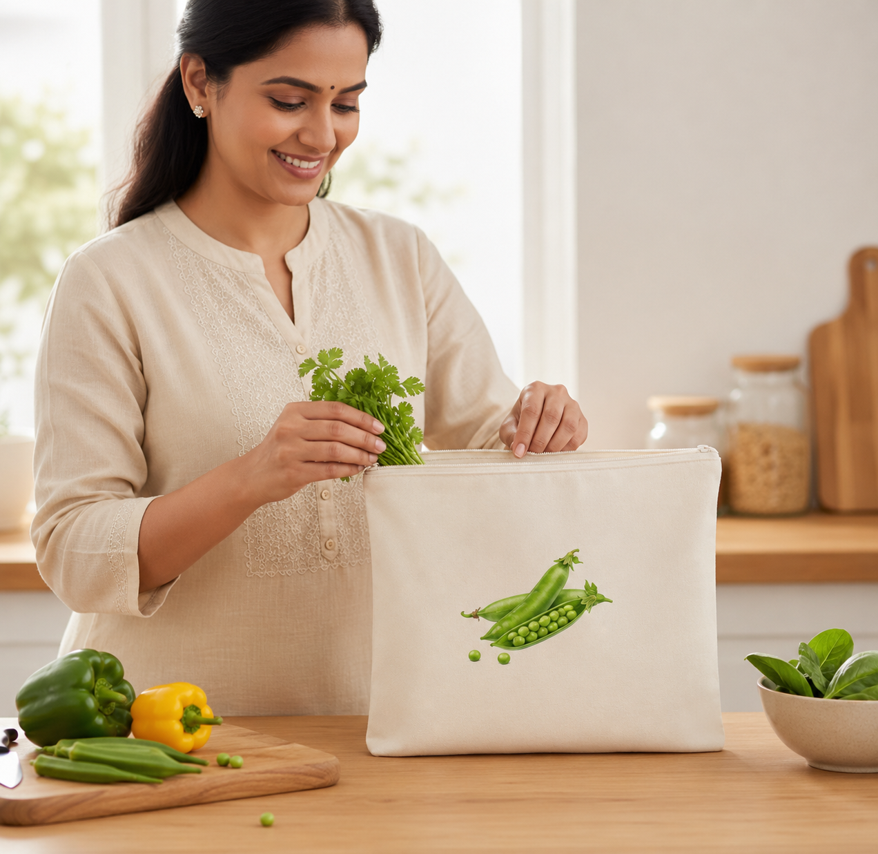 Vegetable Print Cotton Storage Pouch Set of 12 | Kitchen Organiser Bags