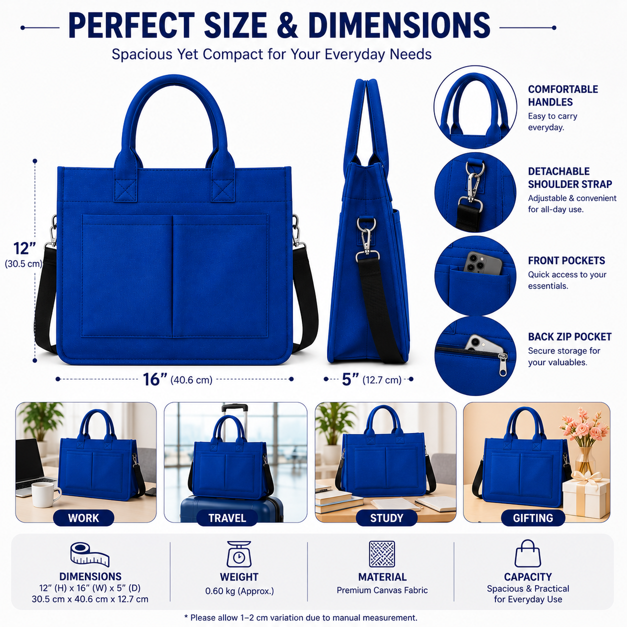 Royal Blue Canvas Tote & Laptop Bag | Heavy-Duty Carry | Tote Wala