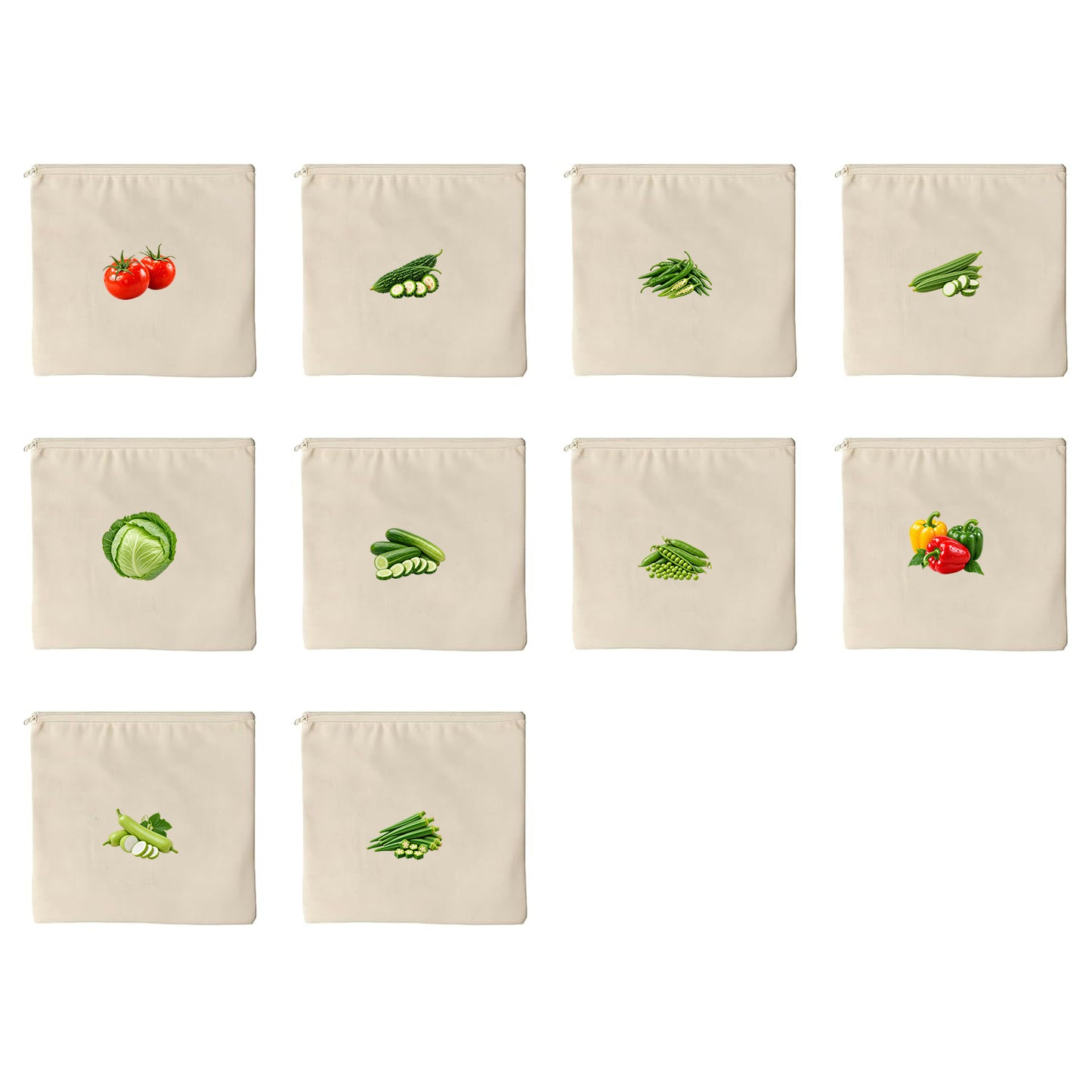 Vegetable Print Cotton Storage Pouch Set of 10 & 12 | Kitchen Organiser Bags