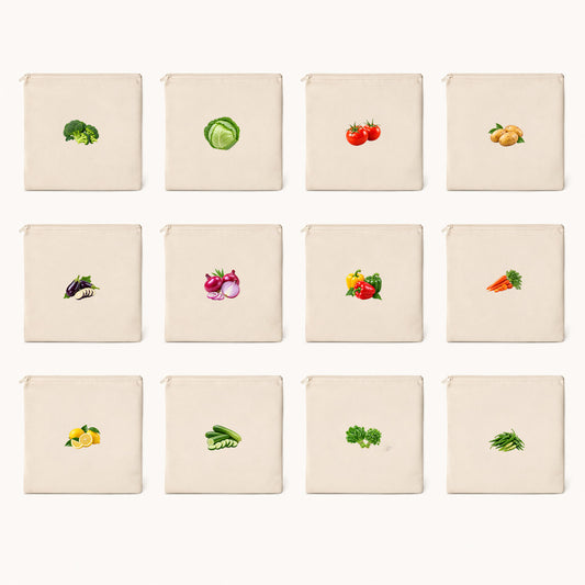 Vegetable Print Cotton Storage Pouch Set of 10 & 12 | Kitchen Organiser Bags