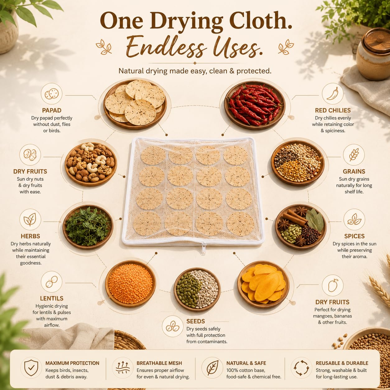 Cotton Food Drying Mesh Cover with Zip | Reusable Net Cloth | Tote Wala