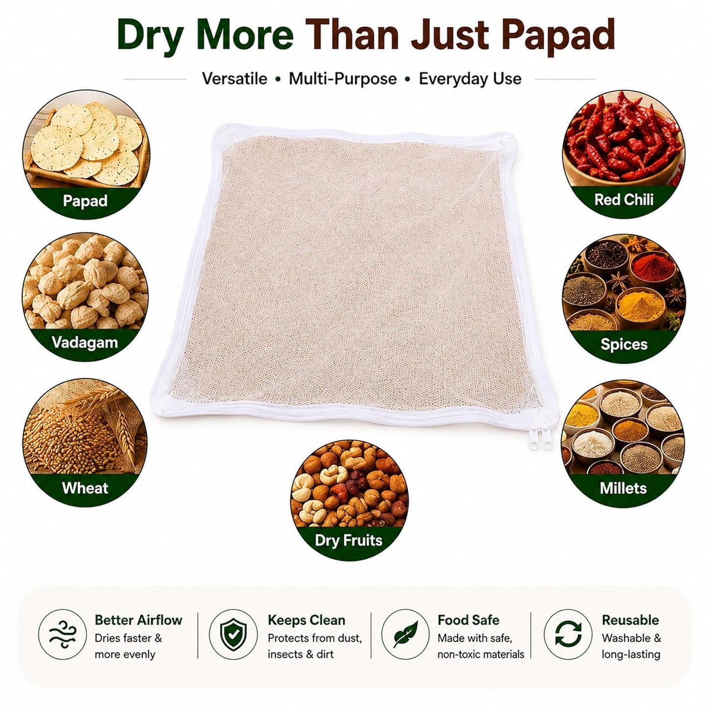 Cotton Food Drying Mesh Cover with Zip | Reusable Net Cloth | Tote Wala