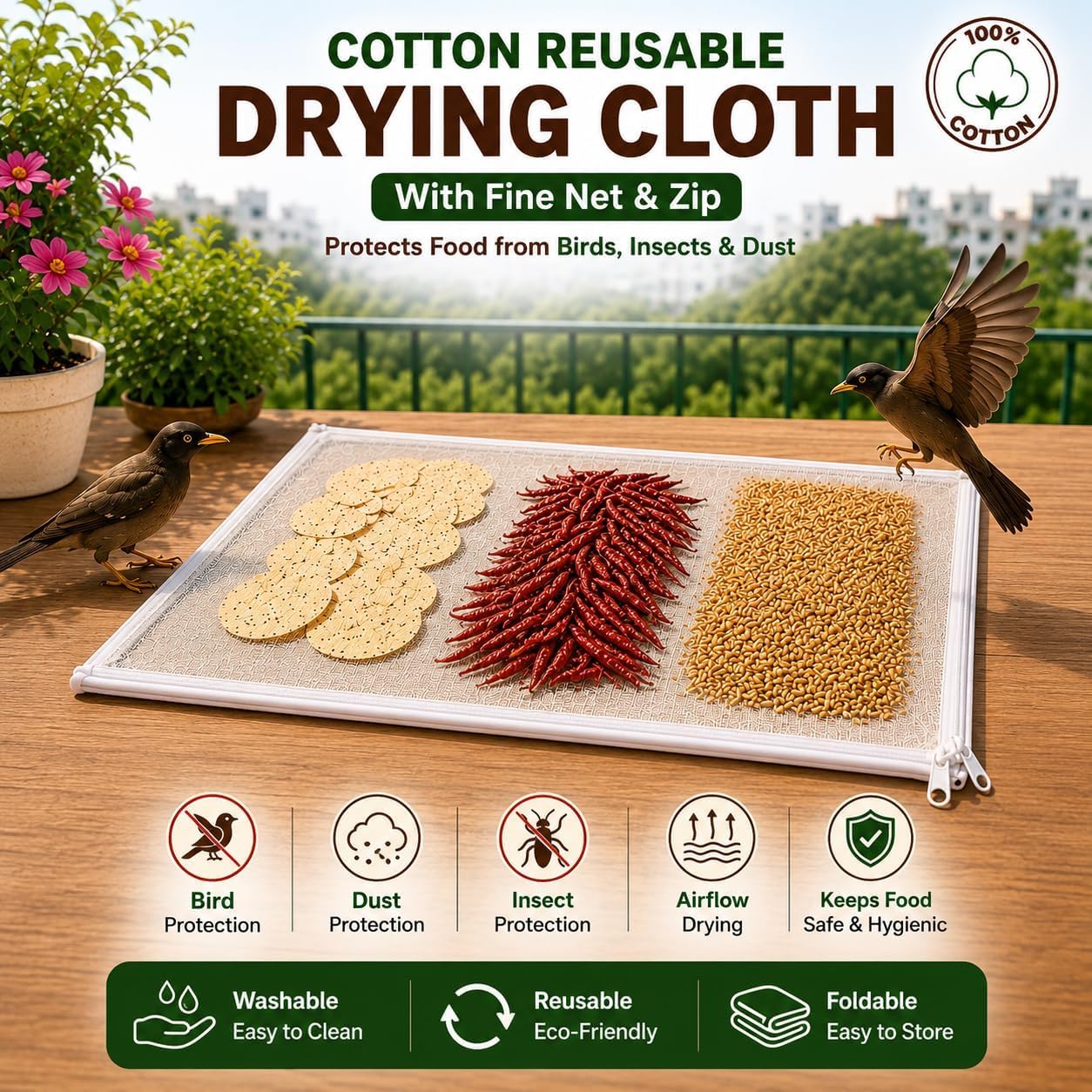 Cotton Food Drying Mesh Cover with Zip | Reusable Net Cloth | Tote Wala