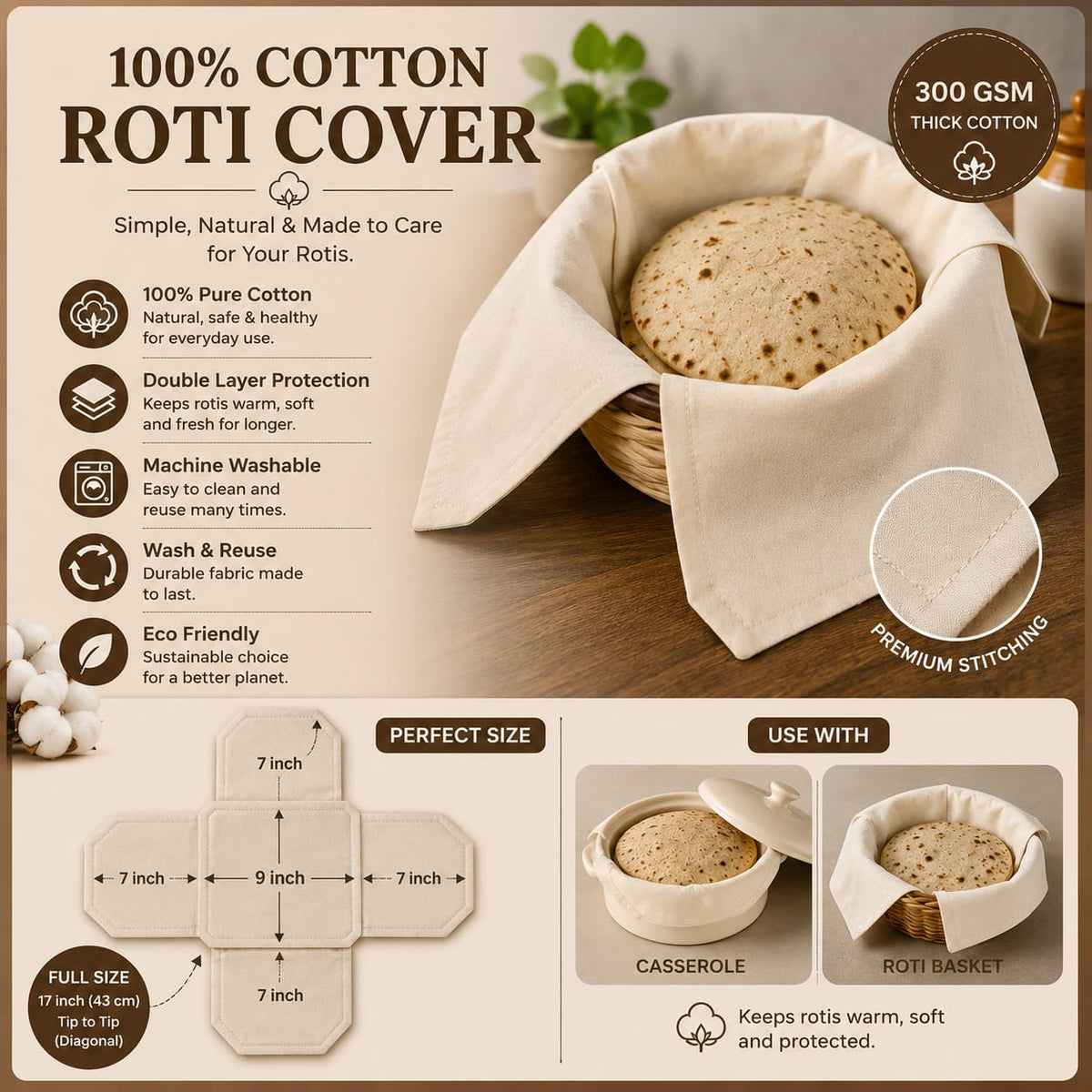 Canvas Roti Cover | Reusable Chapati Cloth | Set of 3 & 6 | Tote Wala