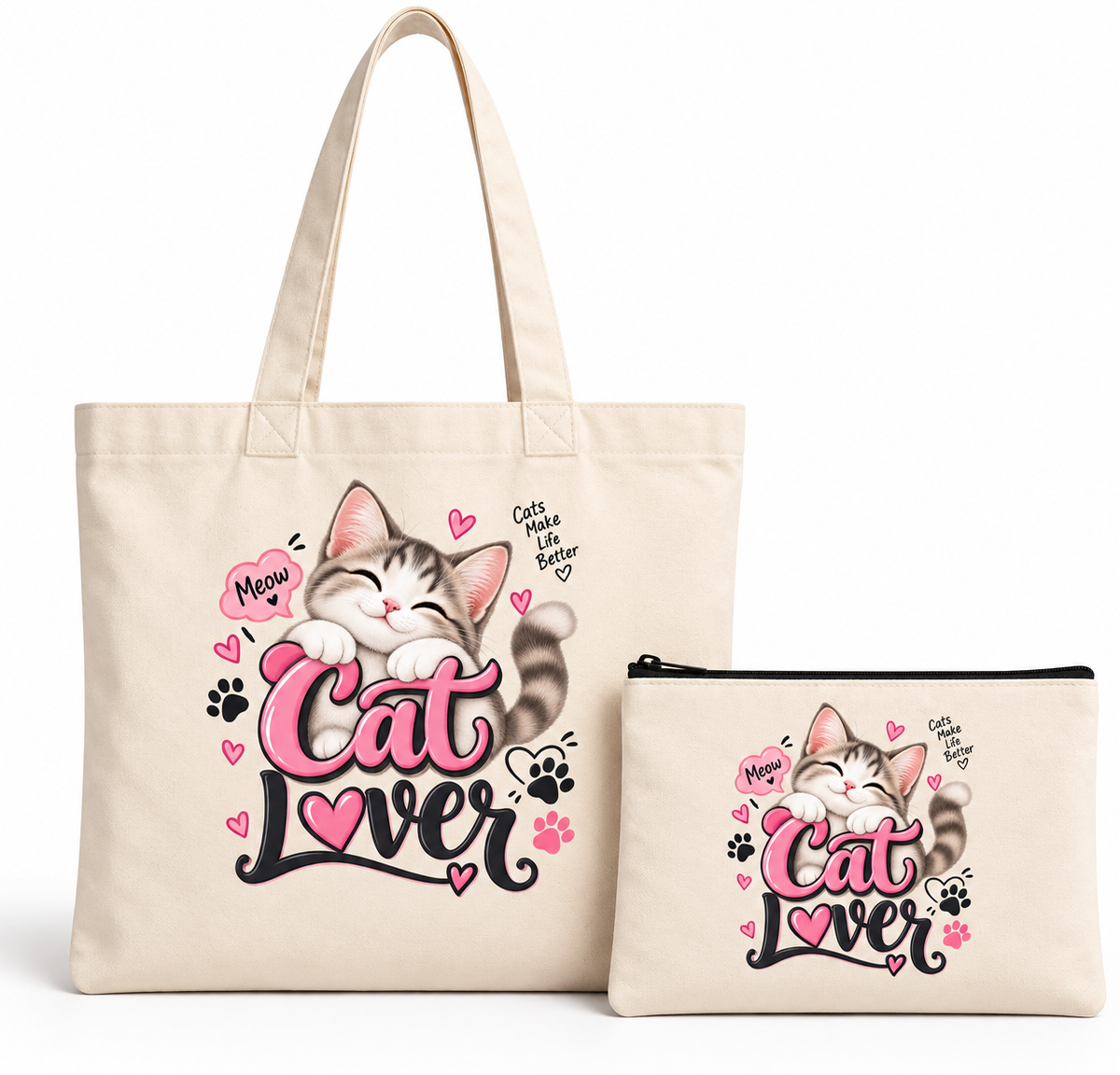 Cat lover cotton tote bag with matching zippered pouch and cute cat print