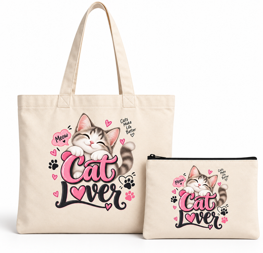 Cat lover cotton tote bag with matching zippered pouch and cute cat print