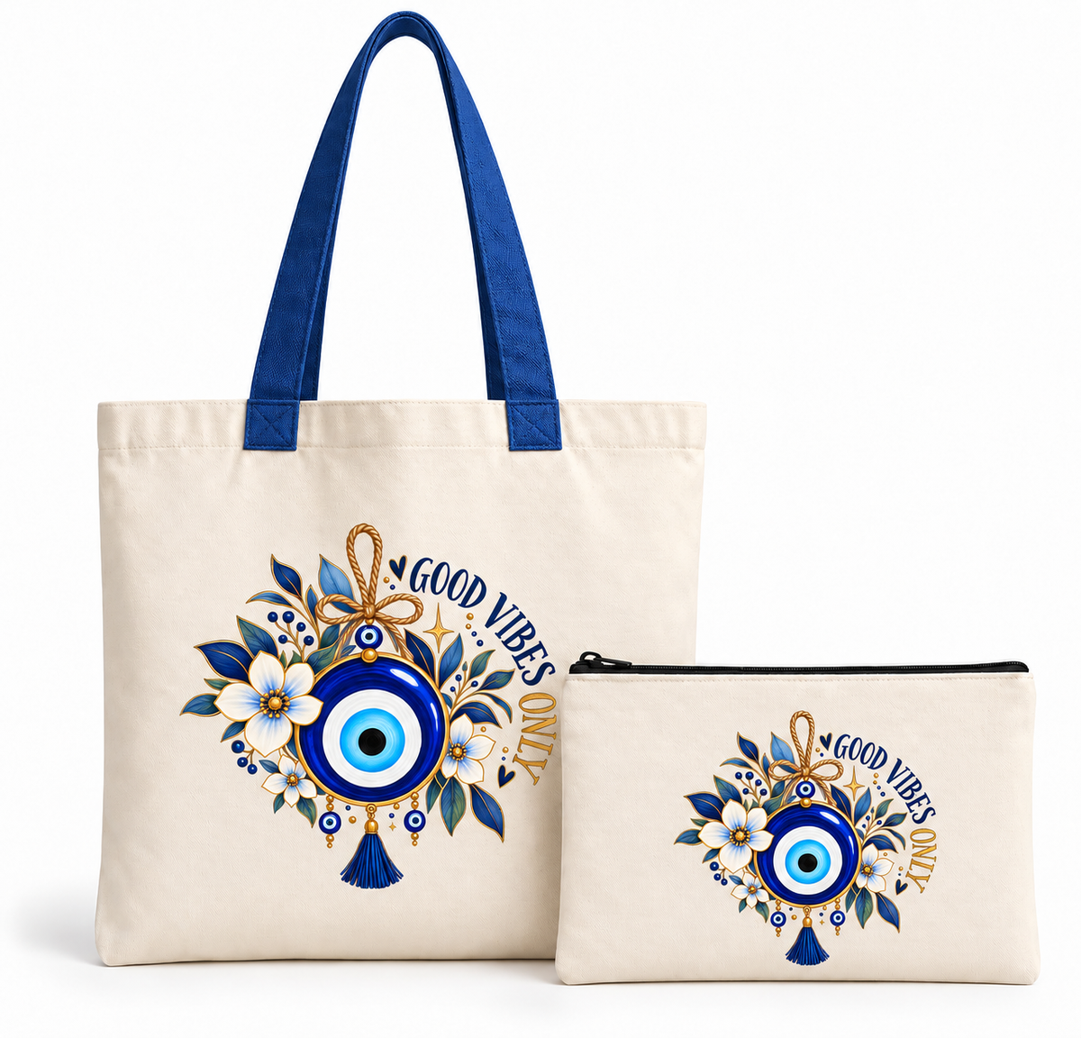 Floral evil eye Good Vibes tote bag 14x16 inch with matching 5x9 inch zipper pouch