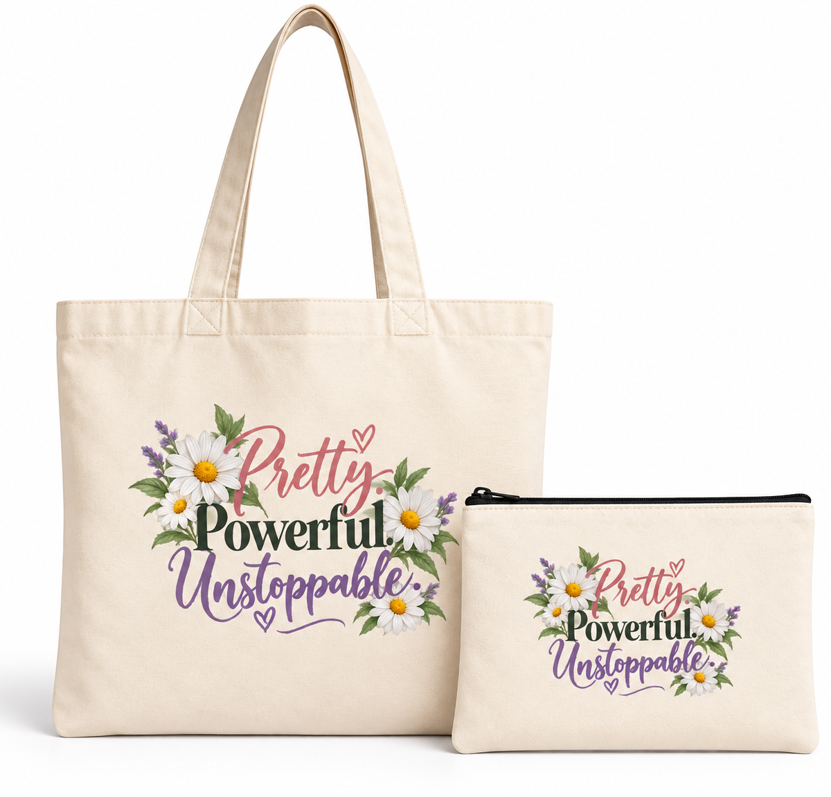 Floral tote bag with matching pouch featuring Pretty Powerful Unstoppable design