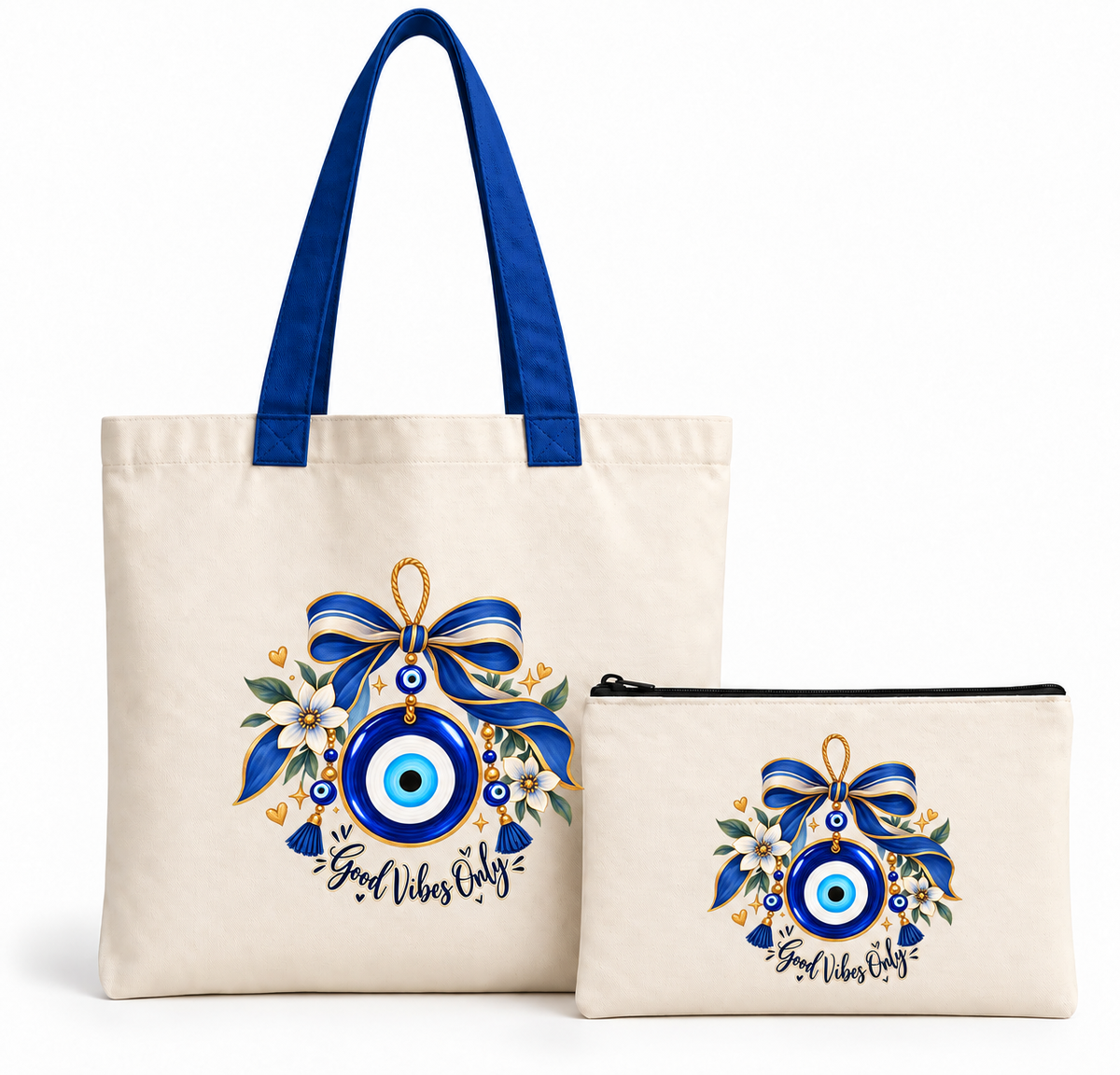 Good Vibes evil eye bow tote bag 14x16 inch with matching 5x9 inch zipper pouch