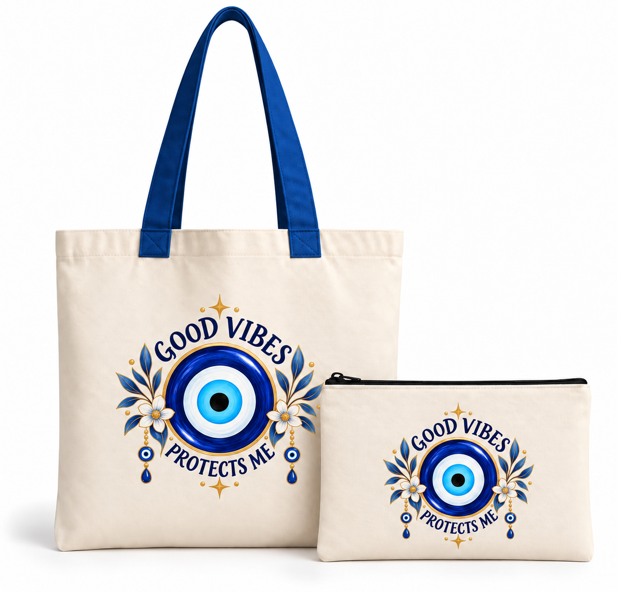 Good Vibes floral evil eye tote bag 14x16 inch with matching 5x9 inch zipper pouch