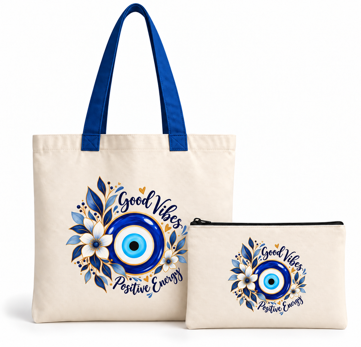 Good Vibes floral evil eye tote bag 14x16 inch with matching 5x9 inch zipper pouch