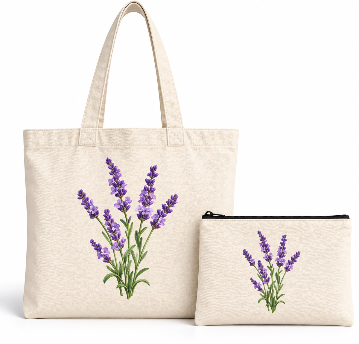 Lavender floral tote bag with matching zippered pouch for women